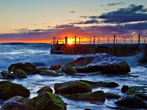 west, coast, Stones, sea, sun, pier