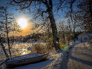 winter, west, Way, River, sun, woods, Lodz