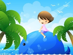 whale, Palms, Kid, sea