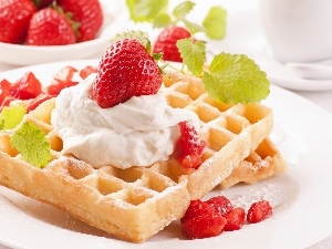 Whipped cream, whipped, dessert, strawberries, waffles