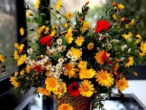 wicker, flowers, bouquet, basket, wild