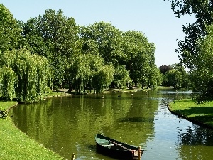 willow, viewes, River, Boat, trees