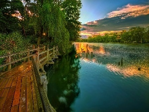 Willow, Platform, lake, Great Sunsets