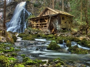 Windmill, Stones, waterfall, forest, River