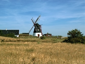 Windmill, viewes, buildings, Meadow, Sky, trees