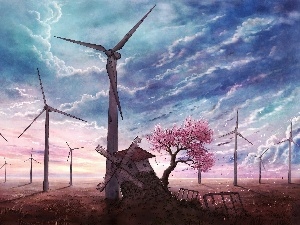 Field, Windmills, clouds