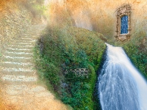 Window, Stairs, waterfall, Stone