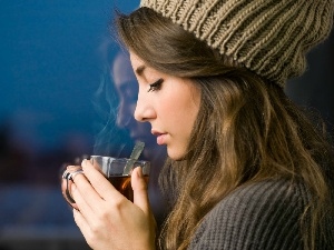 Window, tea, girl, winter, hot