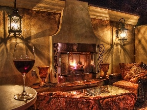 Wine, wine glass, burner chimney, Sofa