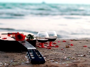 Wine, glasses, Guitar, Colourfull Flowers