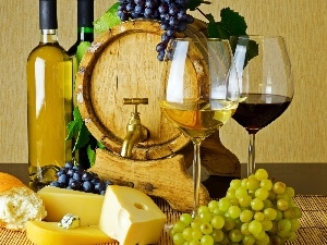 Wine, glasses, barrel, Grapes, Bottles