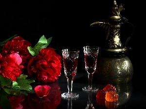 Wine, glasses, Red, jug, Peonies