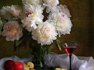 Wine, apples, Pink, Peonies