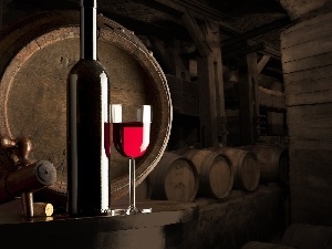 wine glass, Bottle, Wine, Tap, barrel