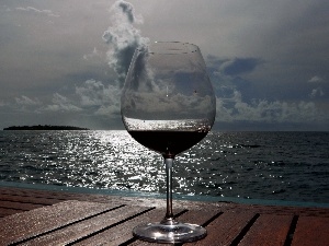 wine glass, pier, cloudy, Wines, sea