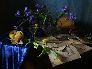 wine glass, Tulips, composition, Wines, Irises