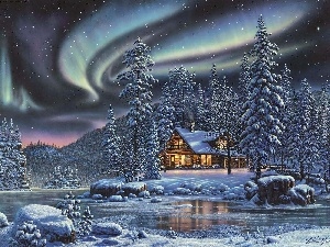 winter, Home, Spruces, Art, dawn