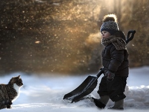 winter, Park, boy, cat