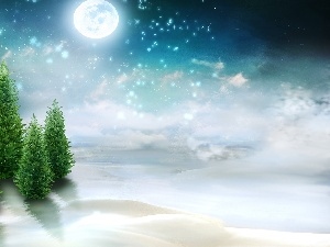winter, moon, Christmas, snow