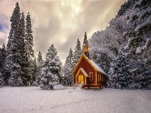 winter, Mountains, church, woods
