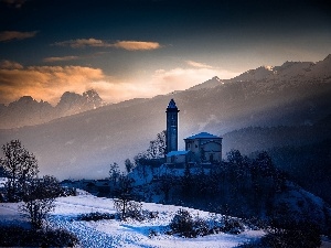 winter, woods, Church, Mountains