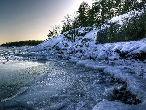 winter, woods, Coast, rocks