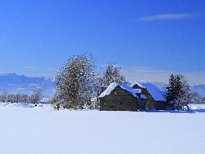 winter, Mountains, field, Houses