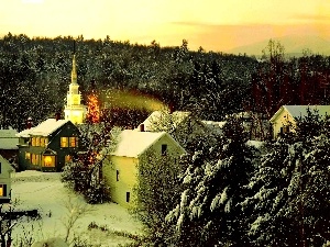 forest, winter, Houses