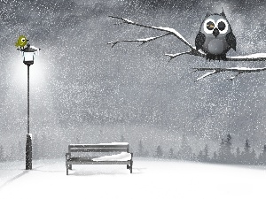 winter, Bench, owl, graphics, Lighthouse