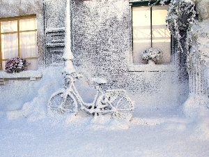 winter, snow, house, Bike