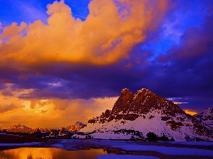 winter, clouds, Mountains, lake