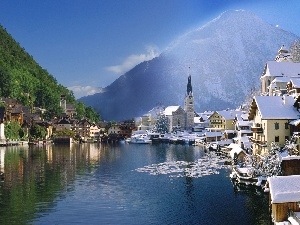 winter, Town, Mountains, lake