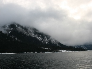 winter, Fog, River, Mountains