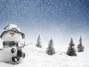 winter, snow, Snowman, Spruces
