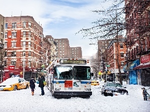 snow, bus, Automobile, The United States, People, New York, winter