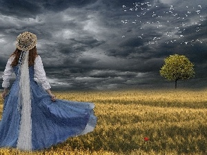 Women, cereals, cloudy, birds, Sky