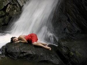 waterfall, Women, rocks
