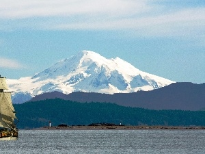 woods, Mountains, sailing vessel, Canada, lake