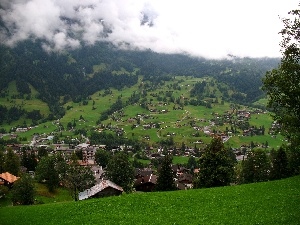 woods, mountains, Town, clouds, ##