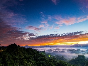 east, woods, Fog, The Hills, sun, Mountains