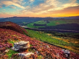 west, woods, sun, Valley, River, field, England, Mountains