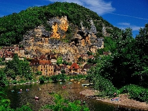 woods, People, Rocks, River, spa, boats