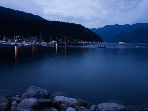 Yachts, Marina, lake, evening