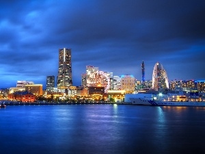Yokohama, Night, skyscraper, port