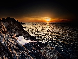 young, sea, rocks, west, Steam, sun