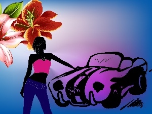 Automobile, girl, Flowers, graphics, lilies
