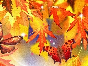 autumn, Leaf, red, butterflies, Yellow