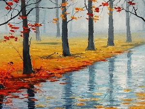 autumn, viewes, Leaf, River, picture, trees