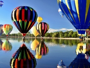 Balloons, River, color, trees, reflection, viewes