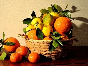 orange, basket, lemons